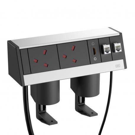 Deskbox DB, with fastening clamp, 2 BS sockets, 2 x RJ45 Cat. 6, 1 x HDMI Housing, silver anodised