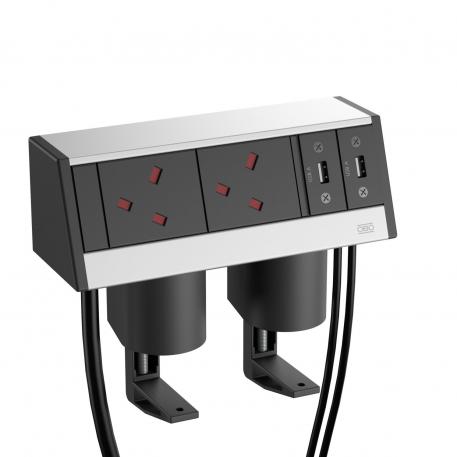 Deskbox DB, with fastening clamp, 2 BS sockets, 2 x USB (USB 3.0 Type A) Housing, silver anodised