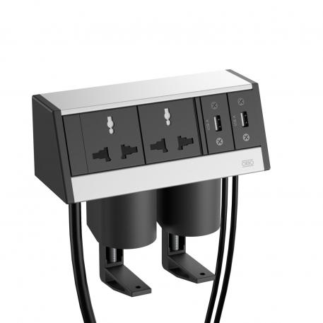 Deskbox DB, with fastening clamp, 2 MS sockets, 2 x (USB 3.0 Type A) Housing, silver anodised