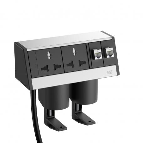 Deskbox DB, with fastening clamp, 2 MS sockets, 2 x  RJ45 Cat. 6 Housing, silver anodised